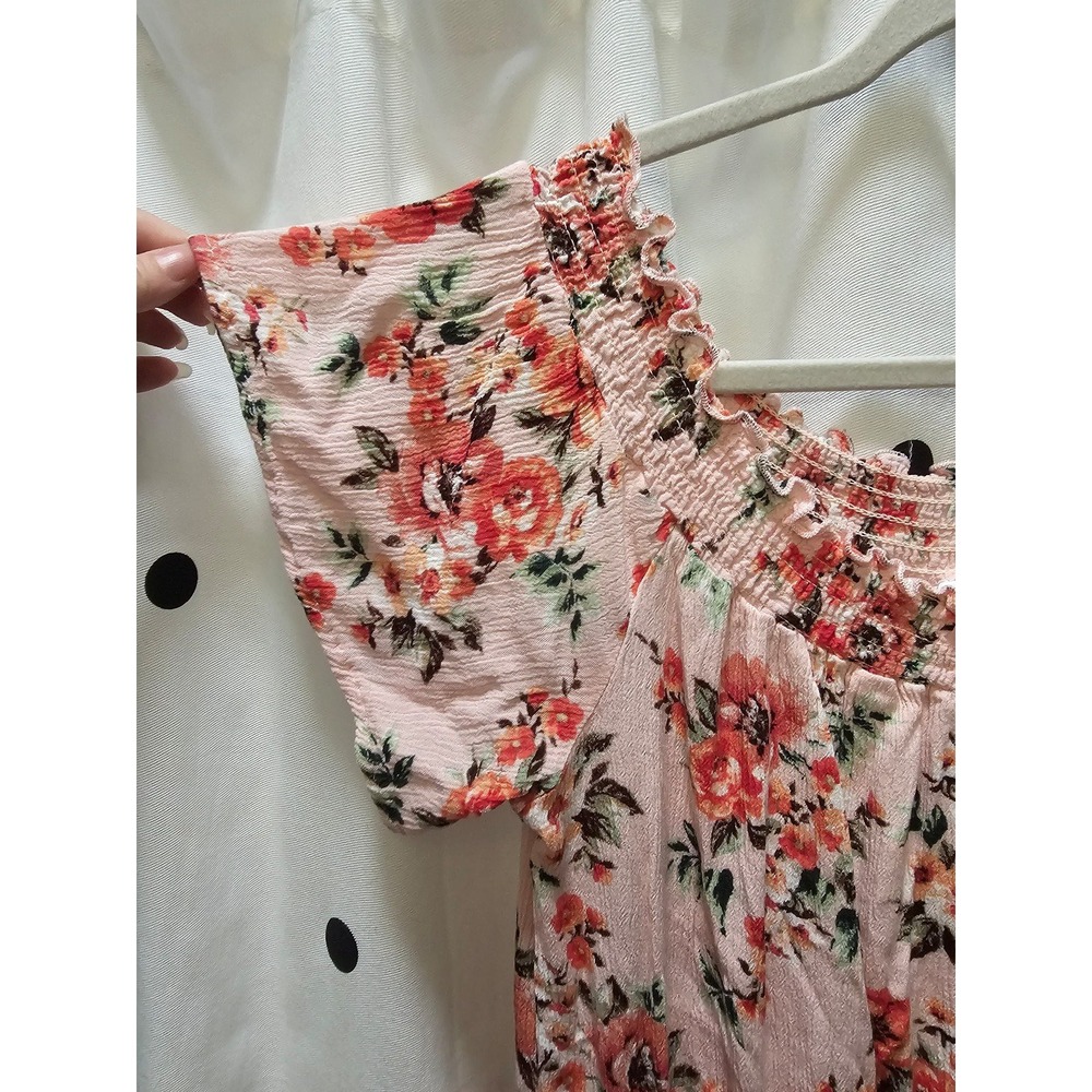 Y2K Bongo pink floral smocked ruffle romper XL gauze short sleeve off shoulder - Picture 7 of 11